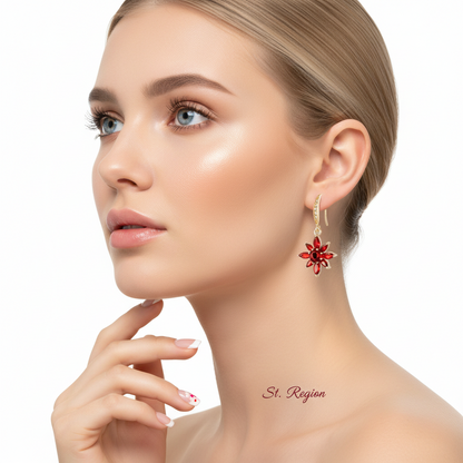 Red Crystal & Cubic Zirconia Goldtone Flower Hook Earrings