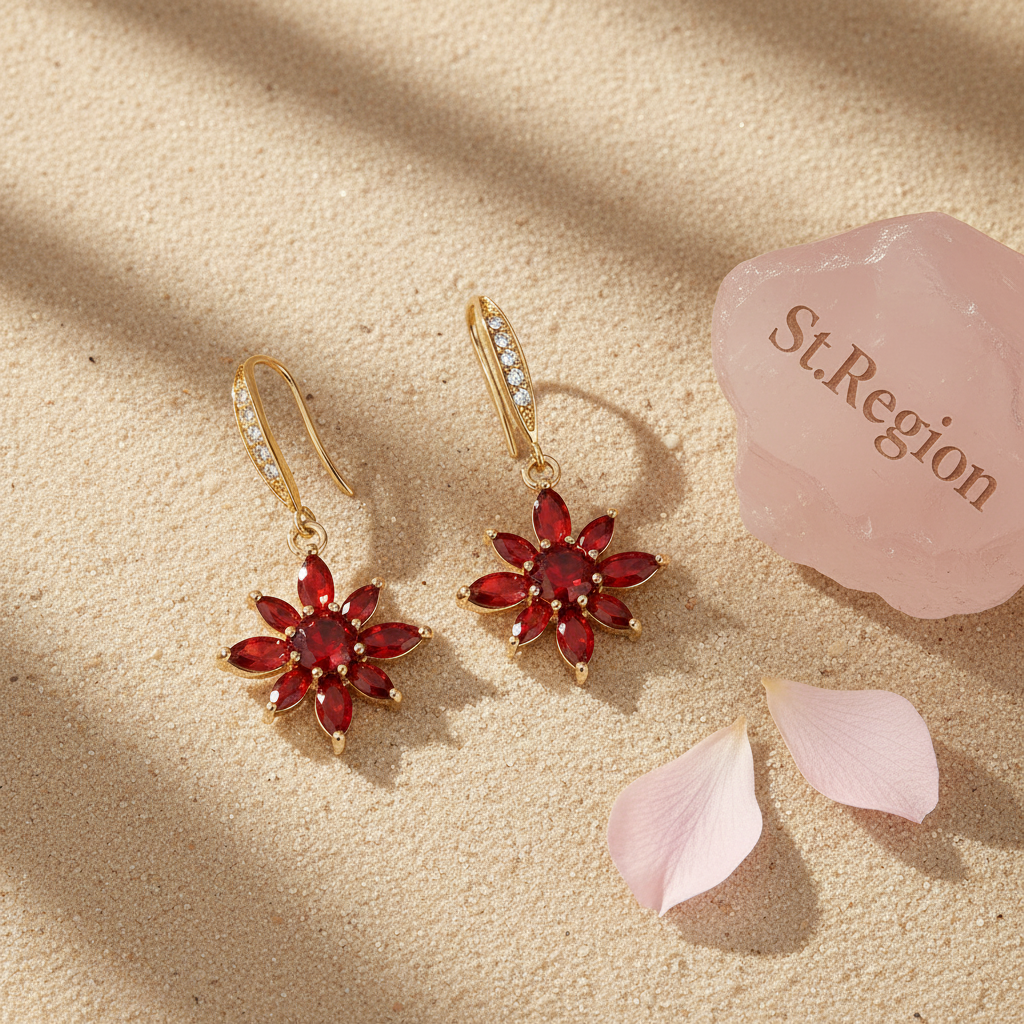 Red Crystal & Cubic Zirconia Goldtone Flower Hook Earrings