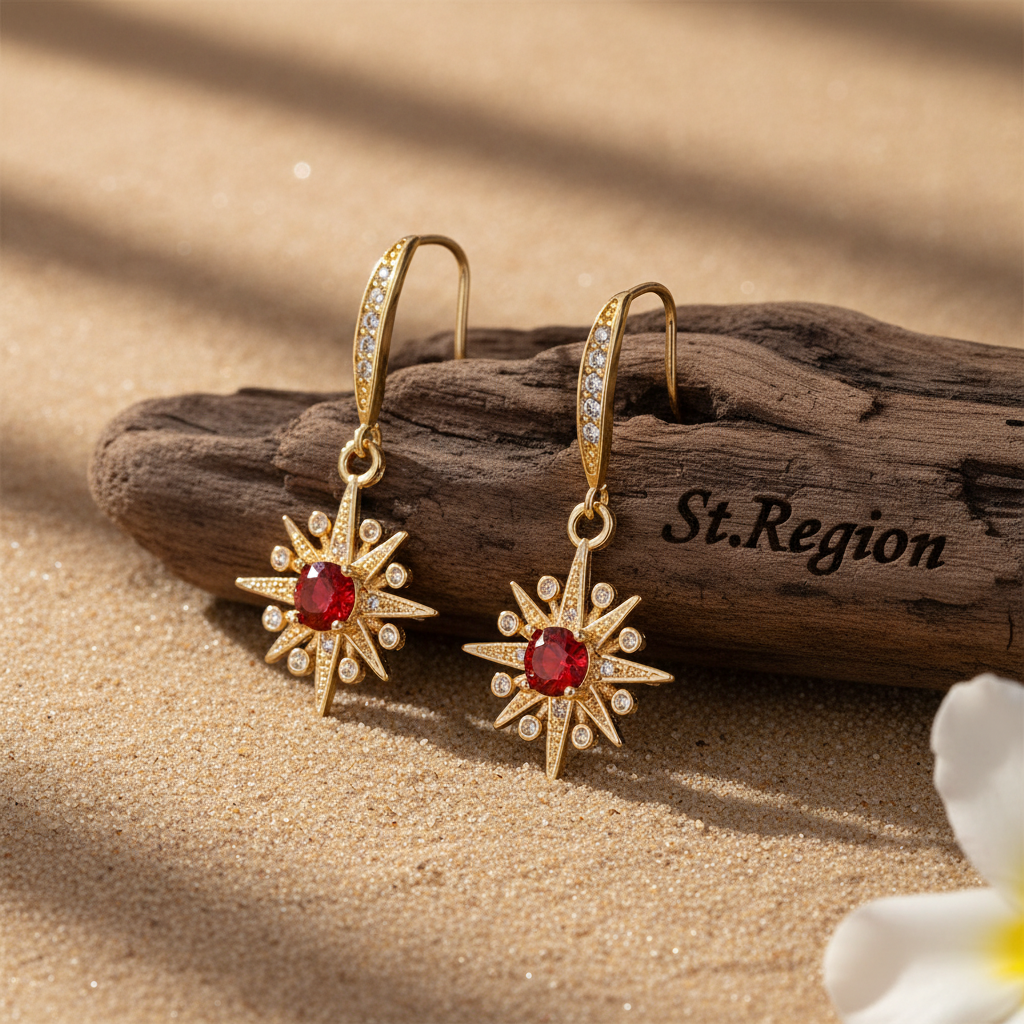 Red Crystal & Cubic Zirconia Goldtone Star Hook Earrings