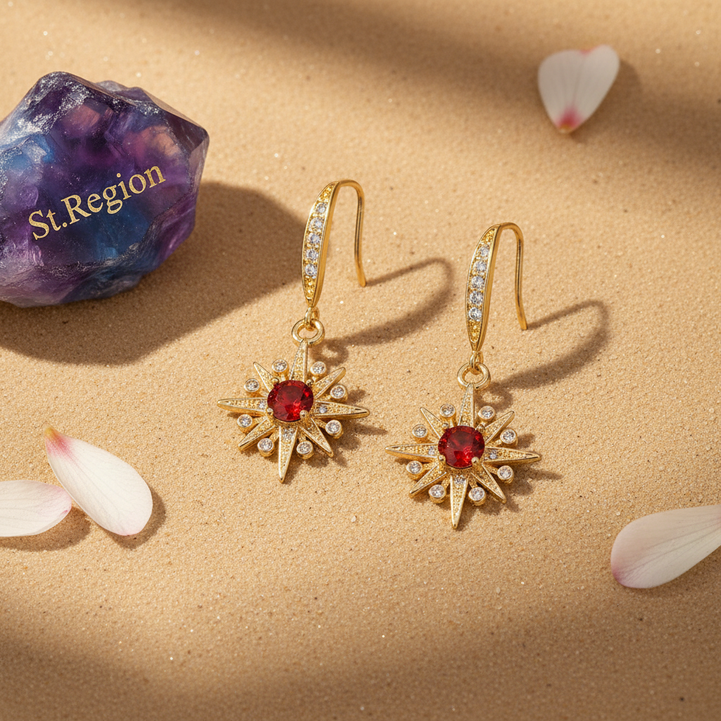 Red Crystal & Cubic Zirconia Goldtone Star Hook Earrings