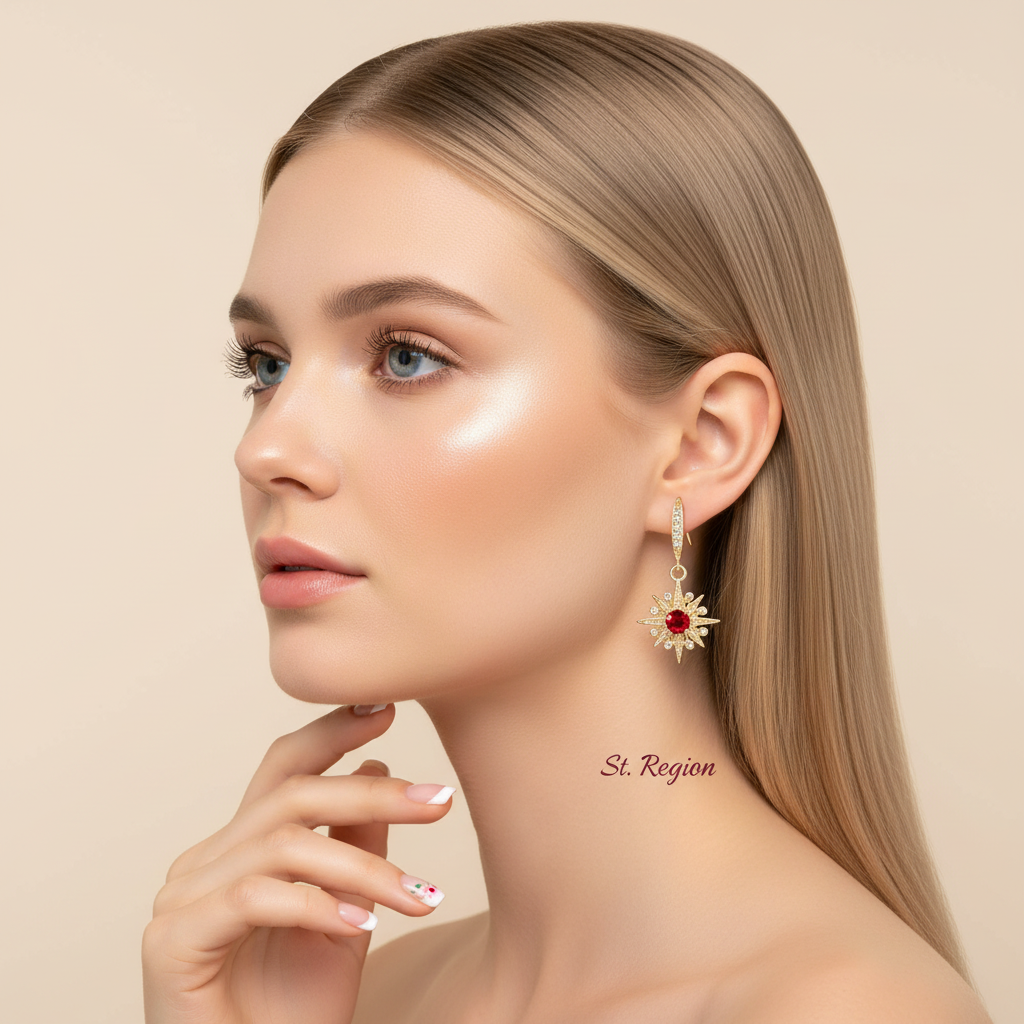 Red Crystal & Cubic Zirconia Goldtone Star Hook Earrings