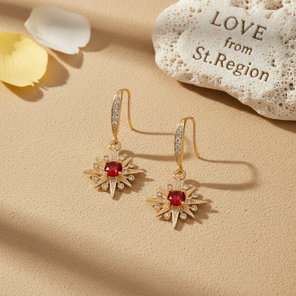Red Crystal & Cubic Zirconia Goldtone Star Hook Earrings