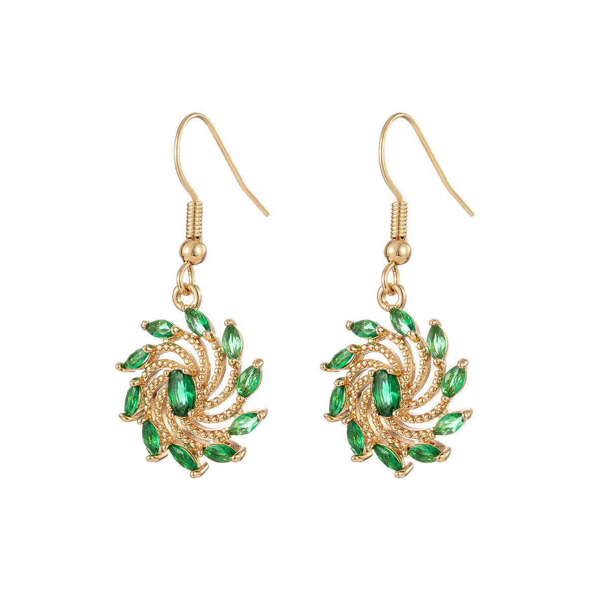 Green Crystal & Goldtone Vortex Hook Earrings