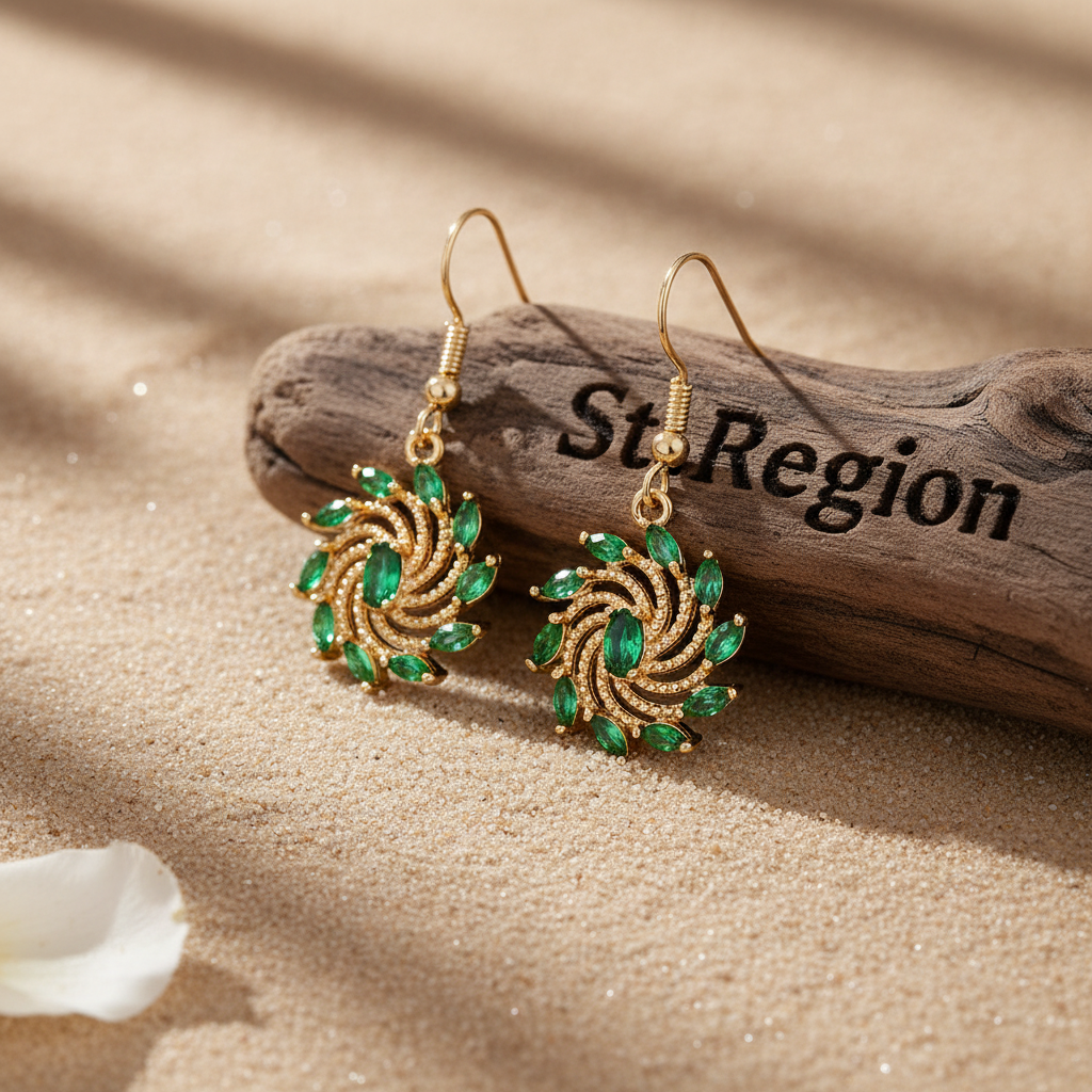 Green Crystal & Goldtone Vortex Hook Earrings