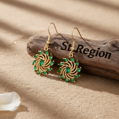 Green Crystal & Goldtone Vortex Hook Earrings
