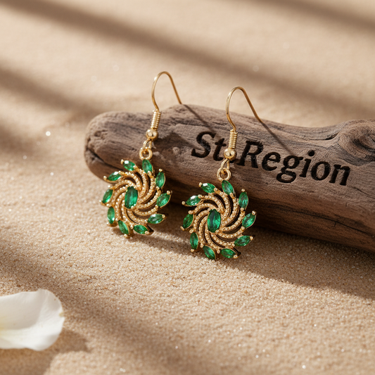 Green Crystal & Goldtone Vortex Hook Earrings