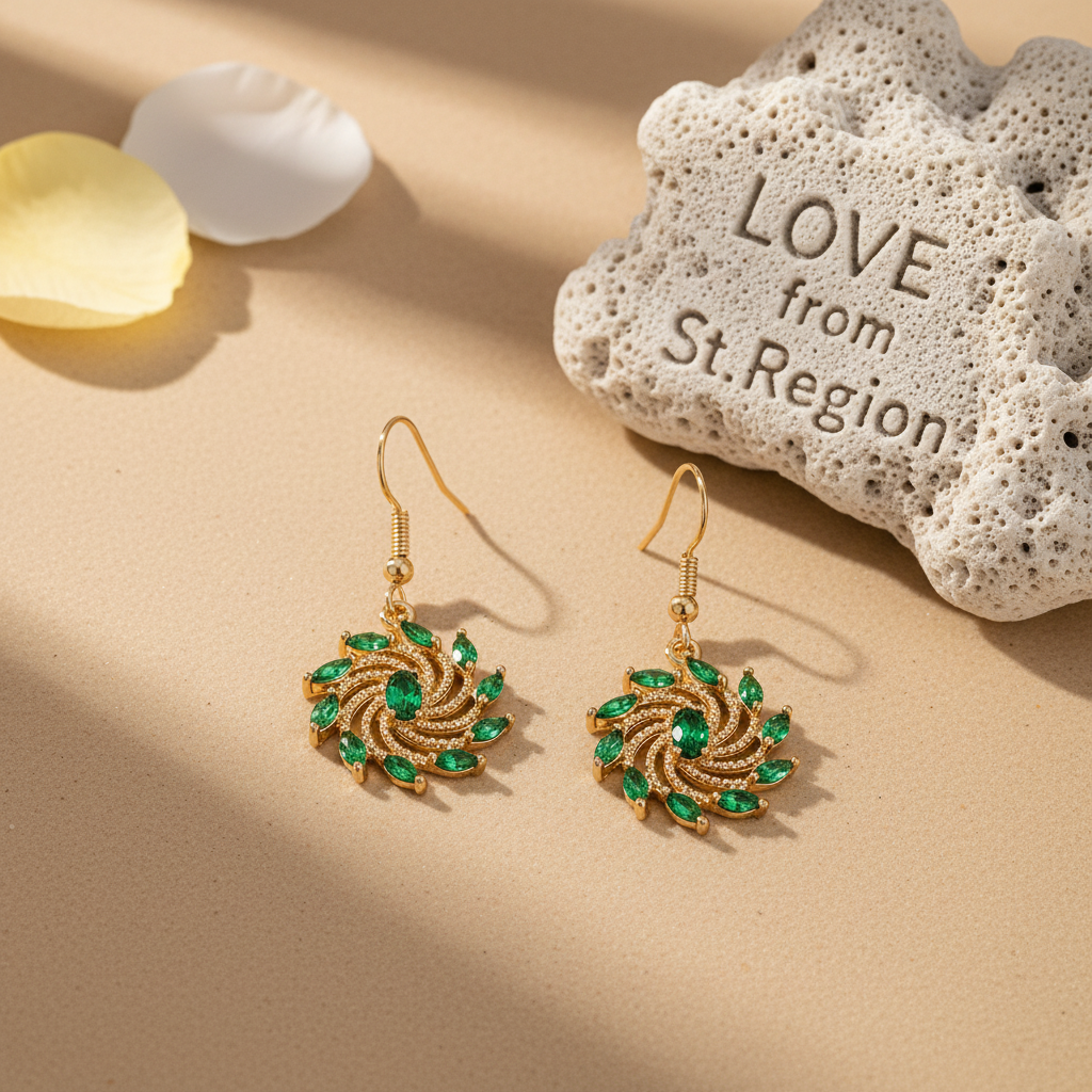Green Crystal & Goldtone Vortex Hook Earrings