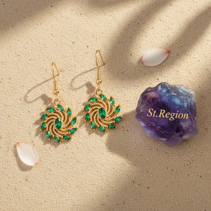 Green Crystal & Goldtone Vortex Hook Earrings