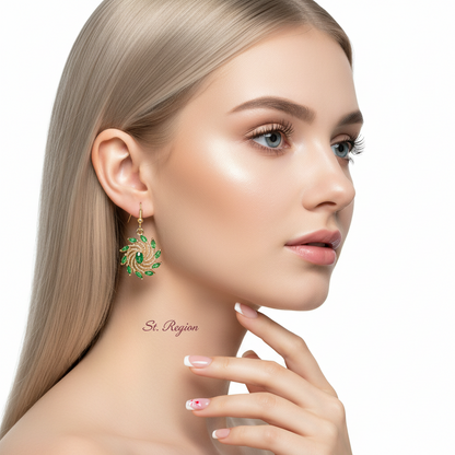Green Crystal & Goldtone Vortex Hook Earrings