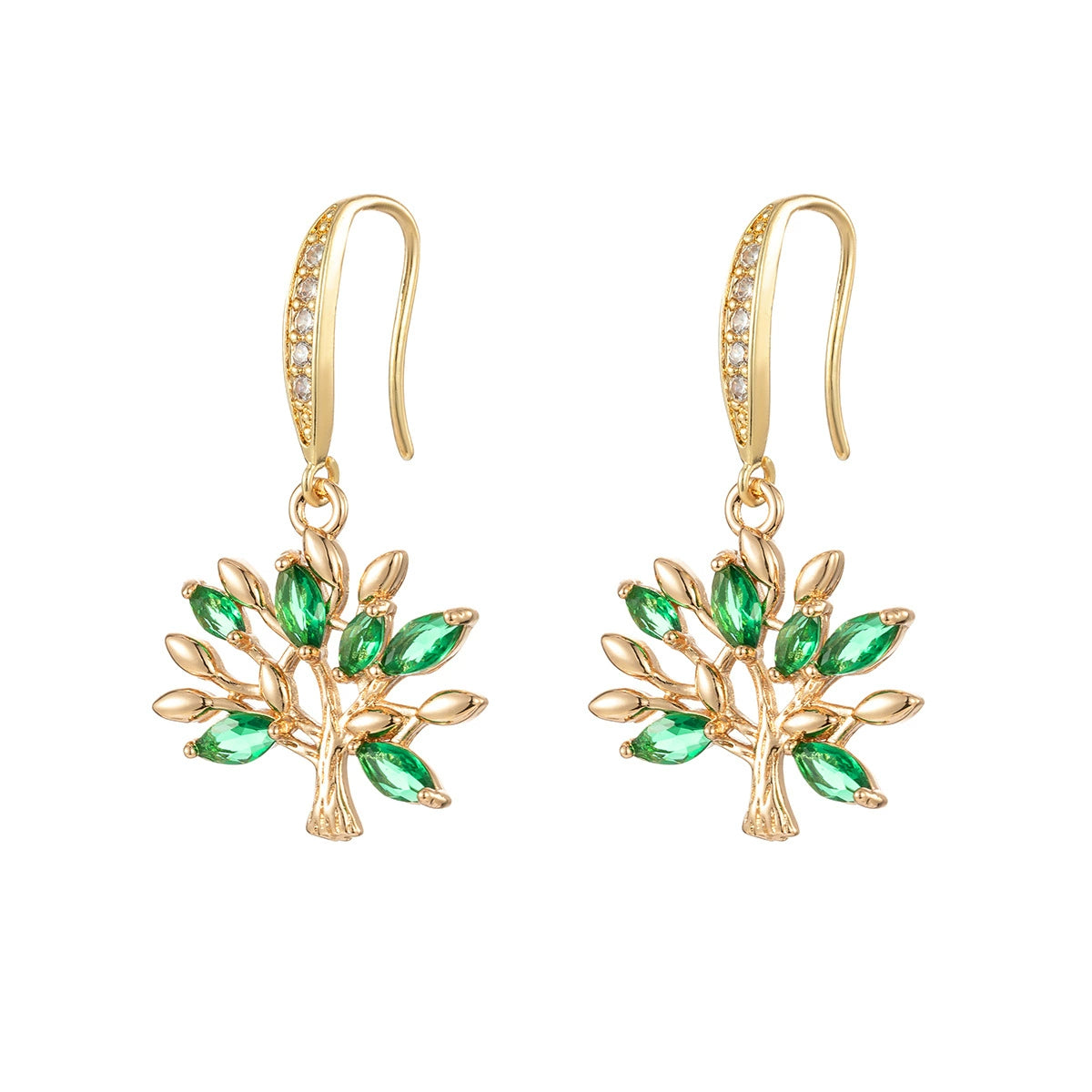 Green Crystal & Cubic Zirconia Goldtone Tree Hook Earrings