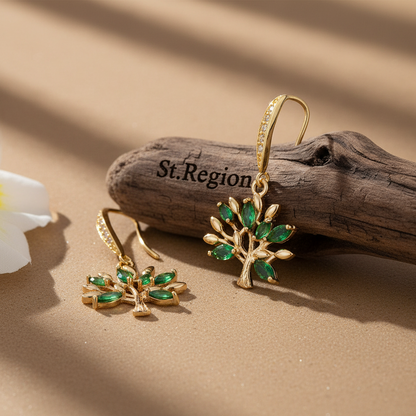 Green Crystal & Cubic Zirconia Goldtone Tree Hook Earrings