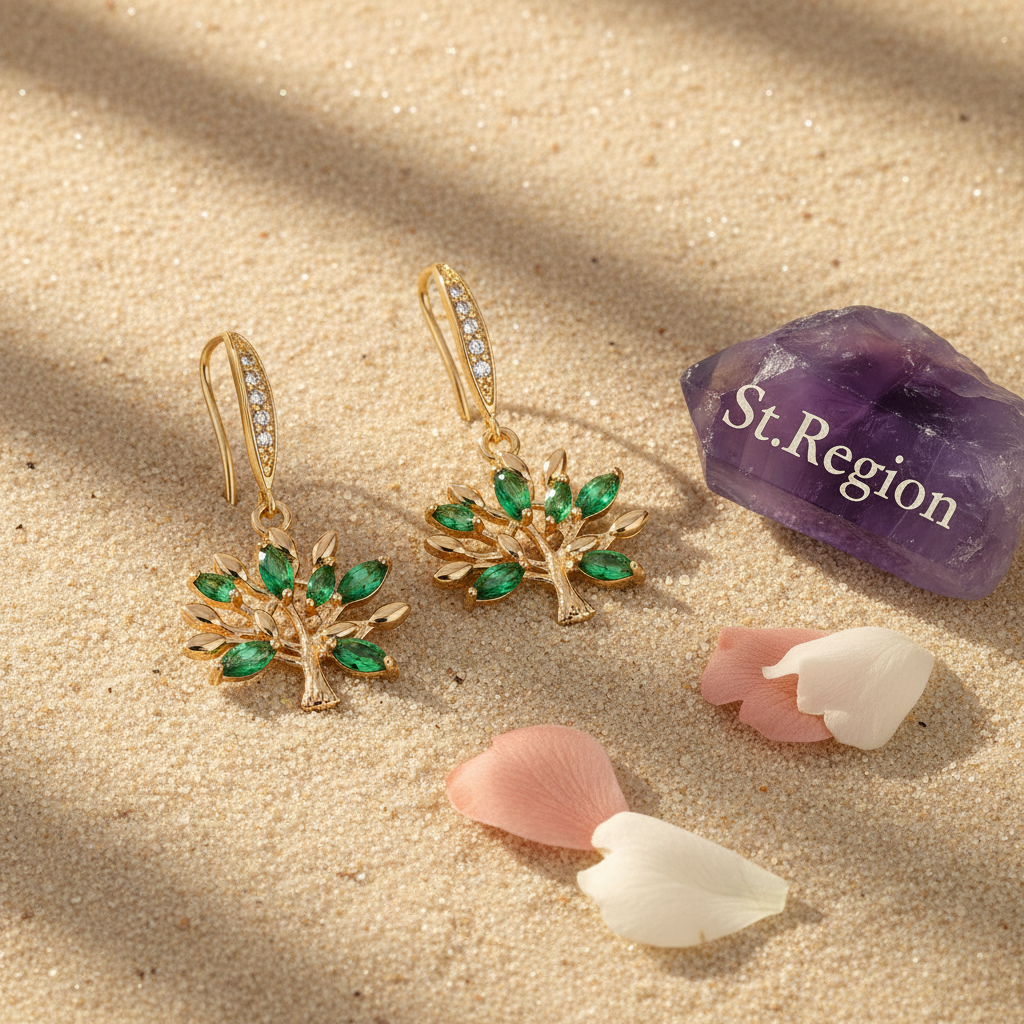 Green Crystal & Cubic Zirconia Goldtone Tree Hook Earrings