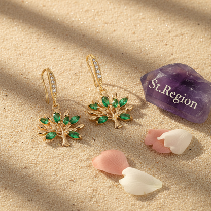 Green Crystal & Cubic Zirconia Goldtone Tree Hook Earrings