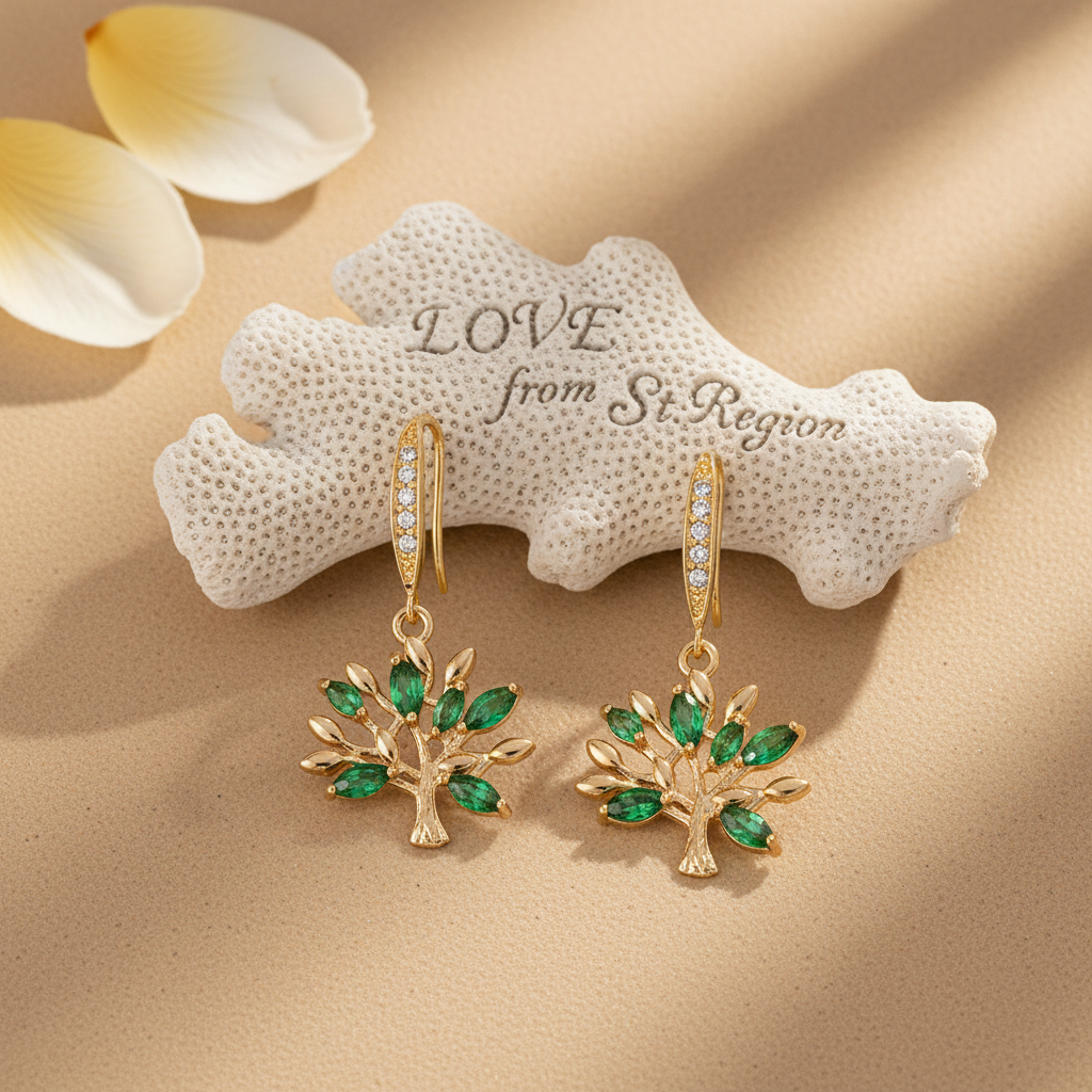 Green Crystal & Cubic Zirconia Goldtone Tree Hook Earrings