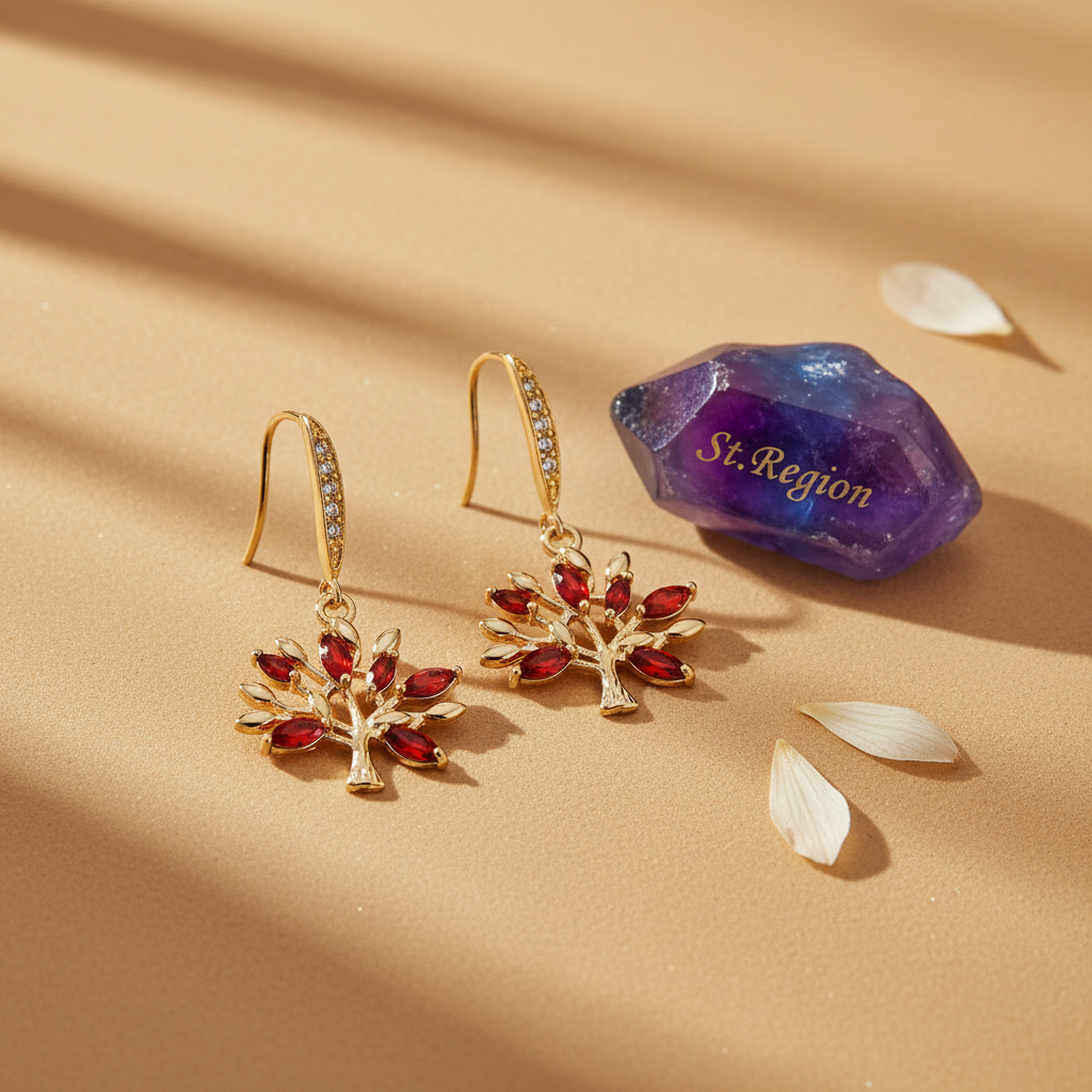 Red Crystal & Cubic Zirconia Goldtone Tree Hook Earrings