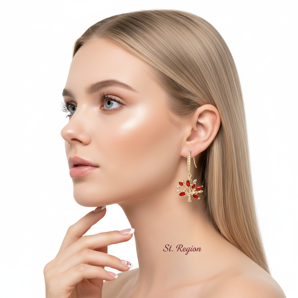 Red Crystal & Cubic Zirconia Goldtone Tree Hook Earrings