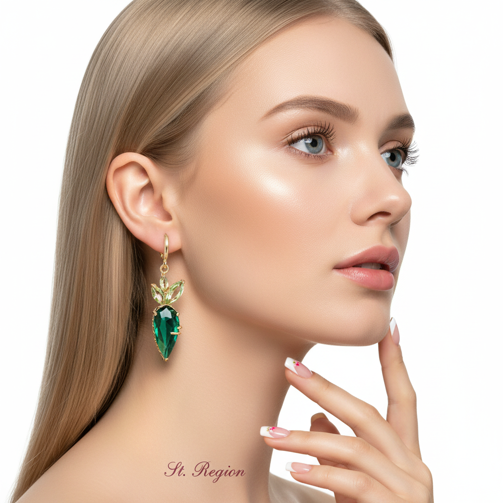 Green Crystal & Goldtone Carrot Huggie Earrings