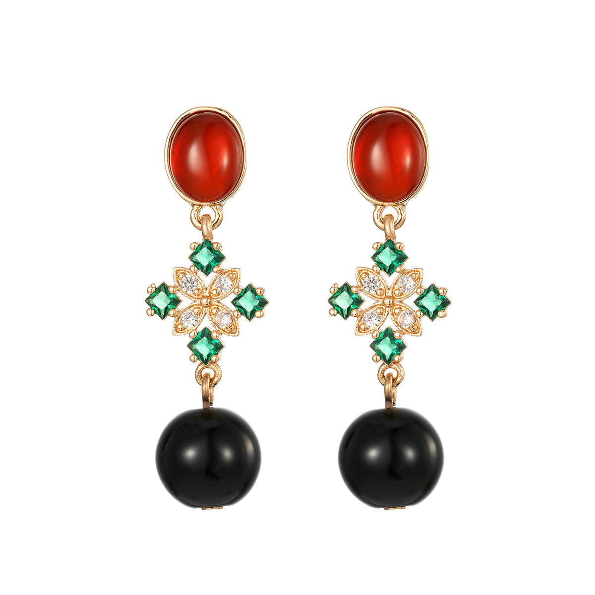 Red Resin & Green Crystal Goldtone Flower Ball Dangle Earrings