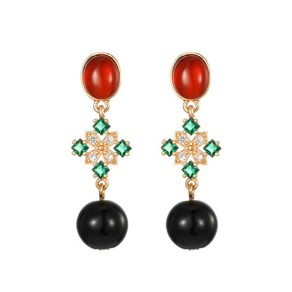 Red Resin & Green Crystal Goldtone Flower Ball Dangle Earrings