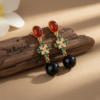 Red Resin & Green Crystal Goldtone Flower Ball Dangle Earrings