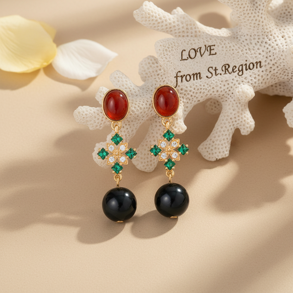 Red Resin & Green Crystal Goldtone Flower Ball Dangle Earrings