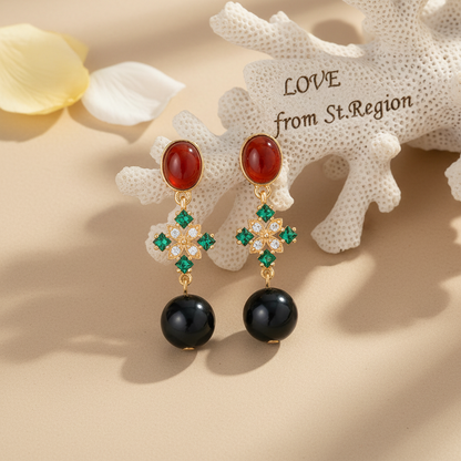 Red Resin & Green Crystal Goldtone Flower Ball Dangle Earrings