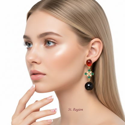Red Resin & Green Crystal Goldtone Flower Ball Dangle Earrings