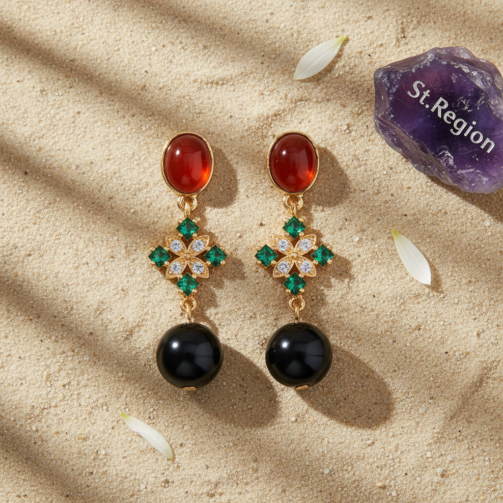 Red Resin & Green Crystal Goldtone Flower Ball Dangle Earrings