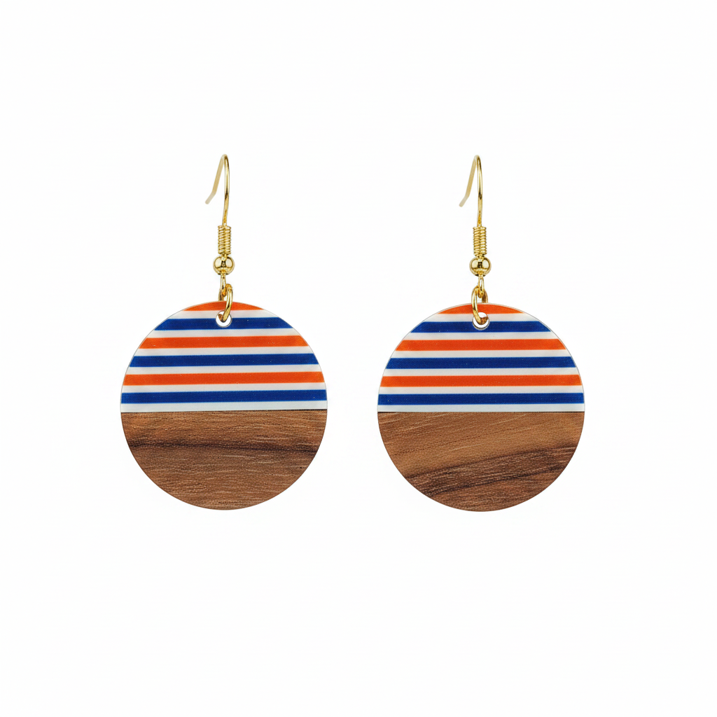 Orange & Blue Resin Wood Goldtone Striped Circular Hook Earrings