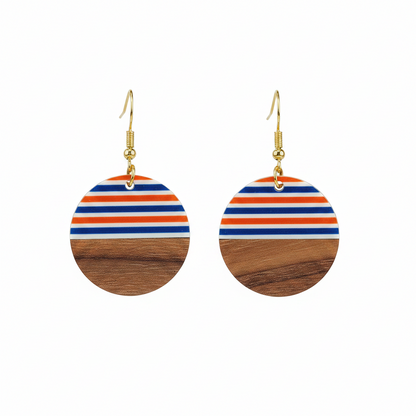 Orange & Blue Resin Wood Goldtone Striped Circular Hook Earrings