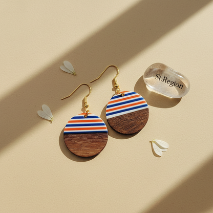 Orange & Blue Resin Wood Goldtone Striped Circular Hook Earrings