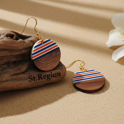 Orange & Blue Resin Wood Goldtone Striped Circular Hook Earrings
