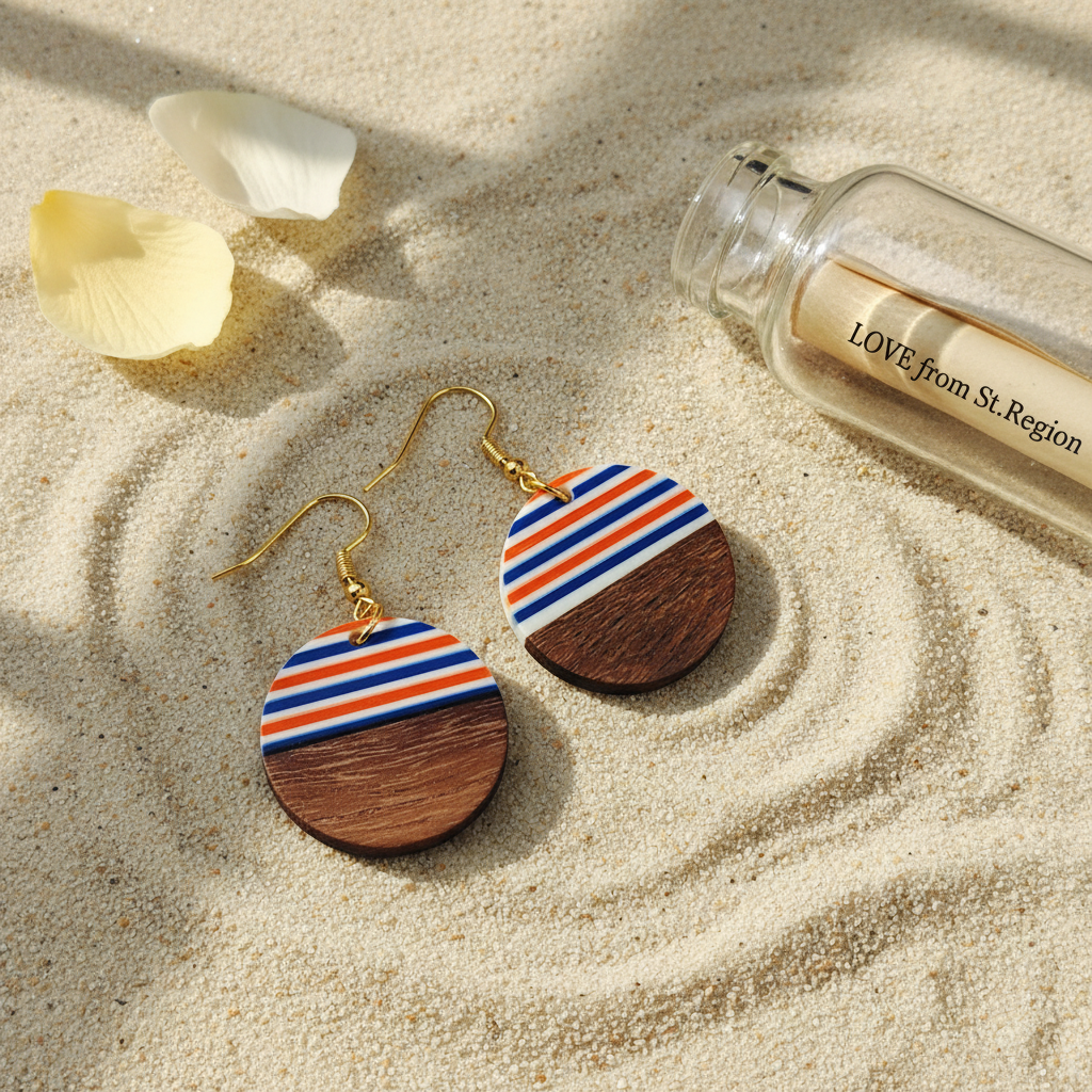 Orange & Blue Resin Wood Goldtone Striped Circular Hook Earrings