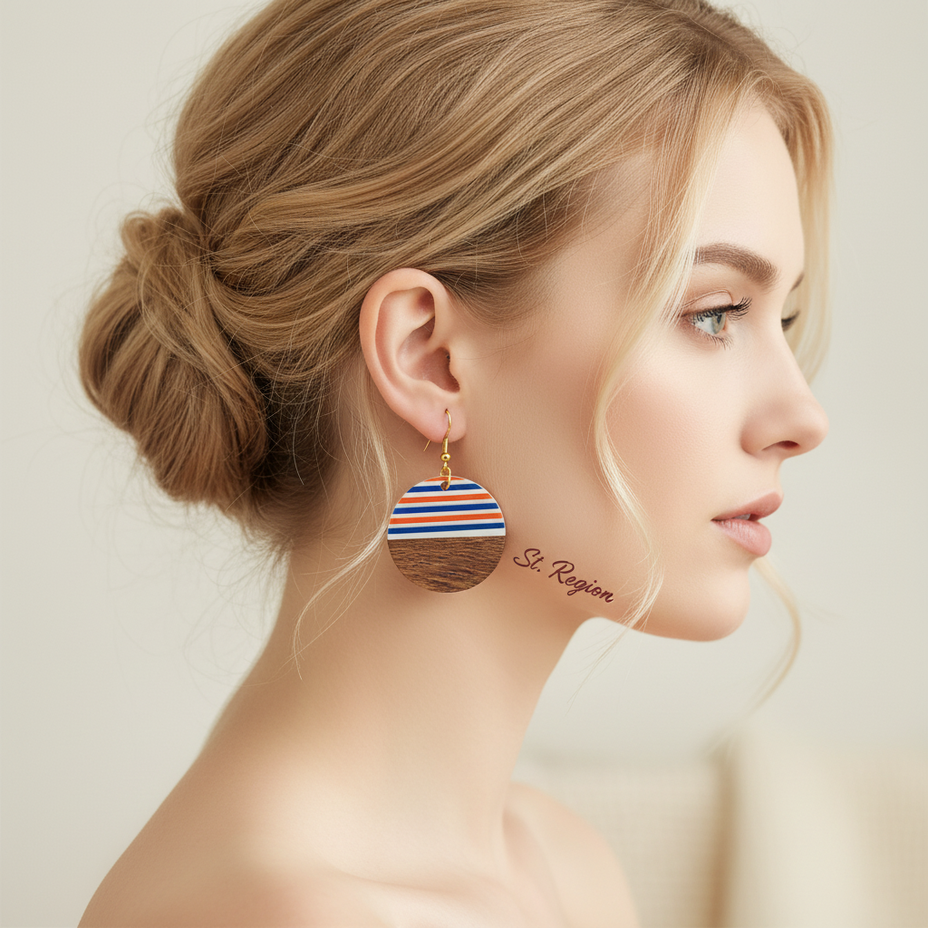 Orange & Blue Resin Wood Goldtone Striped Circular Hook Earrings
