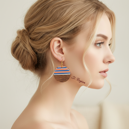 Orange & Blue Resin Wood Goldtone Striped Circular Hook Earrings