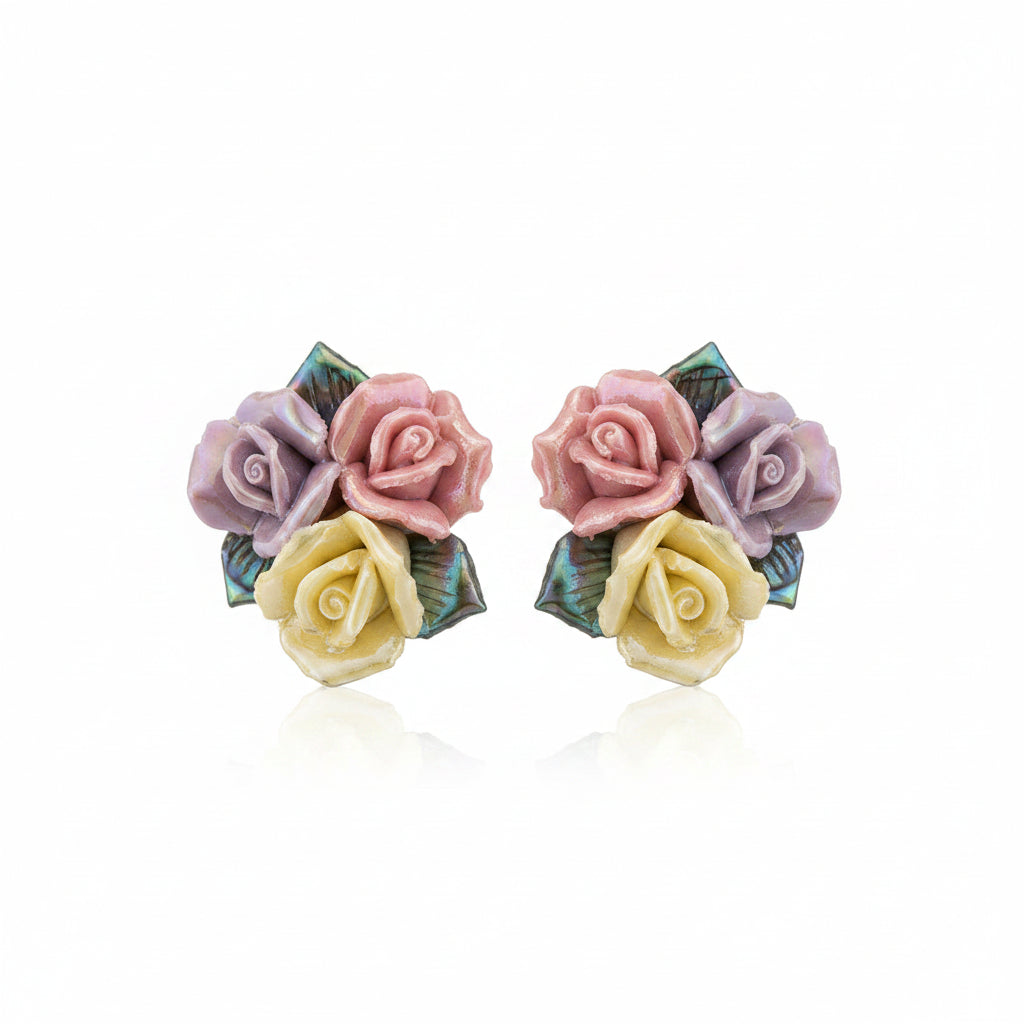 Multi-colored Ceramic? & Silvertone Rose Cluster Stud Earrings