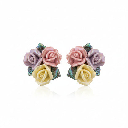 Multi-colored Ceramic? & Silvertone Rose Cluster Stud Earrings