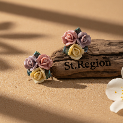 Multi-colored Ceramic? & Silvertone Rose Cluster Stud Earrings