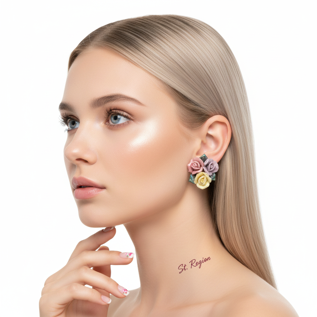 Multi-colored Ceramic? & Silvertone Rose Cluster Stud Earrings