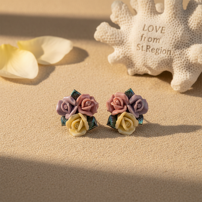 Multi-colored Ceramic? & Silvertone Rose Cluster Stud Earrings