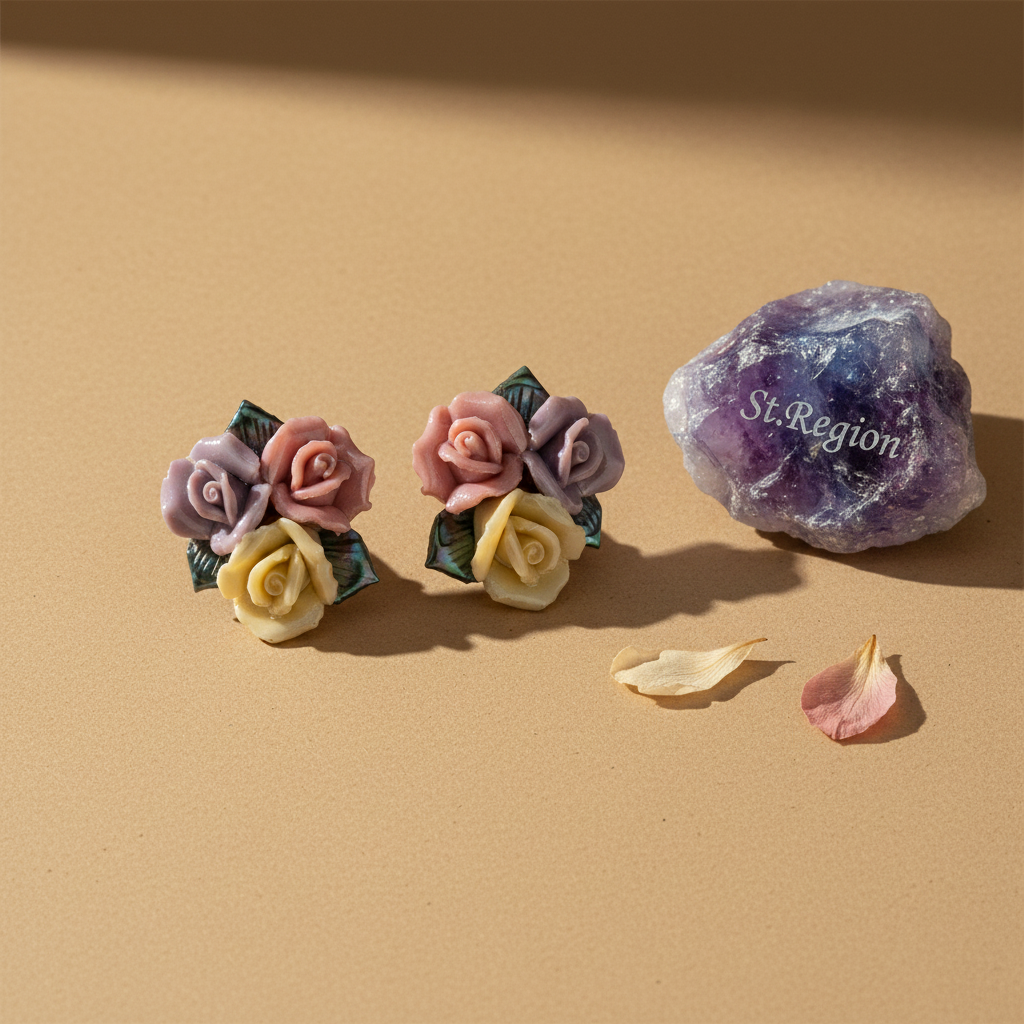 Multi-colored Ceramic? & Silvertone Rose Cluster Stud Earrings