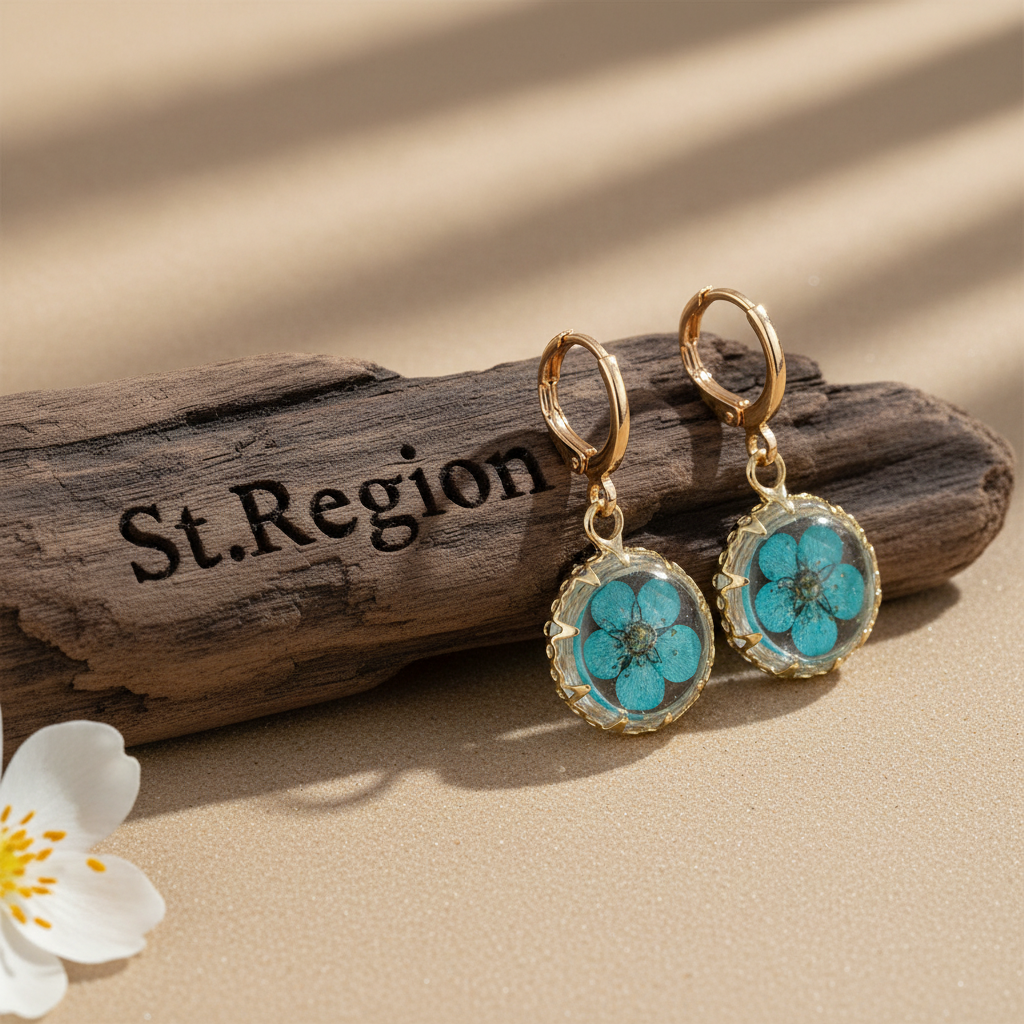 Light Blue Pressed Flower & Goldtone Round Huggie Earrings