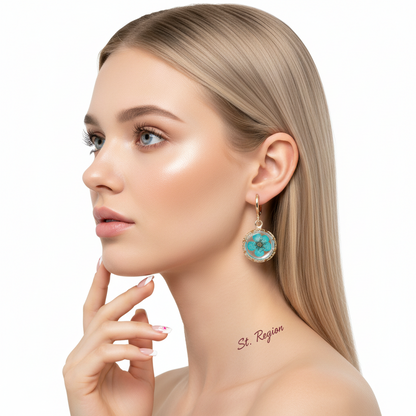 Light Blue Pressed Flower & Goldtone Round Huggie Earrings