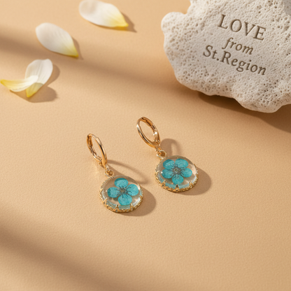 Light Blue Pressed Flower & Goldtone Round Huggie Earrings