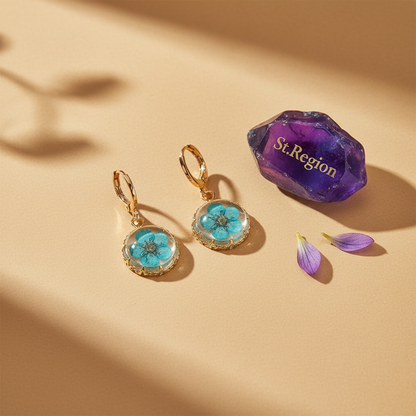 Light Blue Pressed Flower & Goldtone Round Huggie Earrings