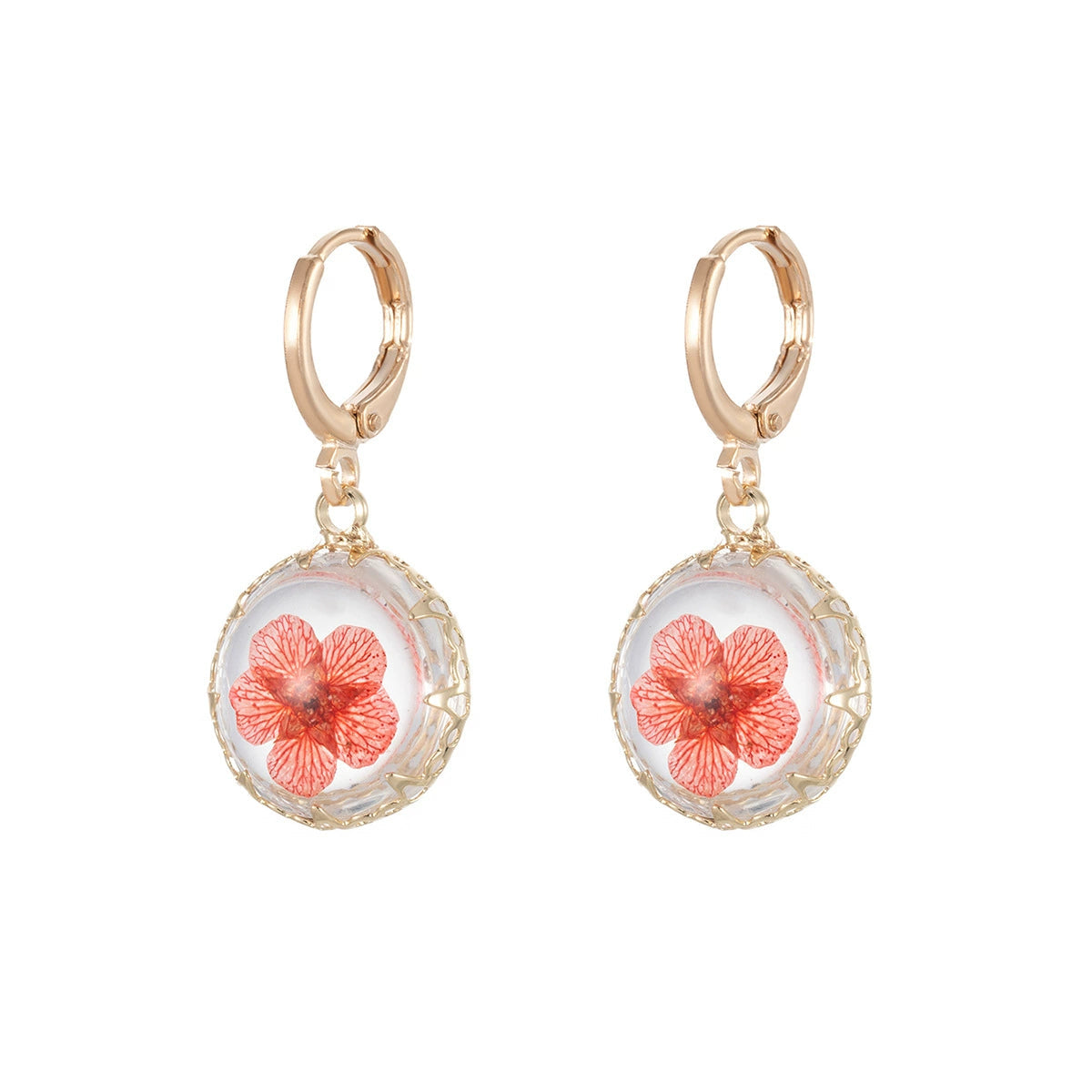 Red Pressed Flower & Goldtone Round Huggie Earrings