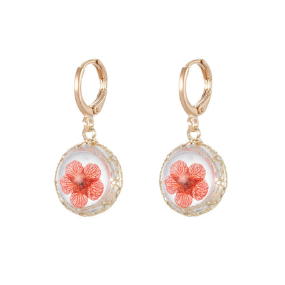 Red Pressed Flower & Goldtone Round Huggie Earrings