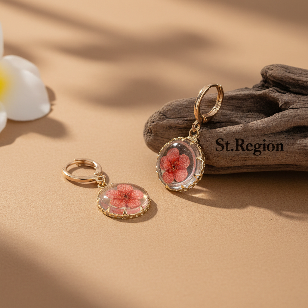 Red Pressed Flower & Goldtone Round Huggie Earrings