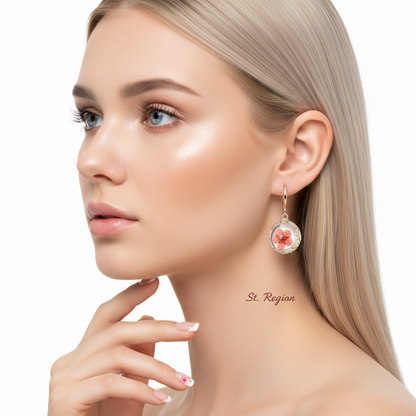 Red Pressed Flower & Goldtone Round Huggie Earrings
