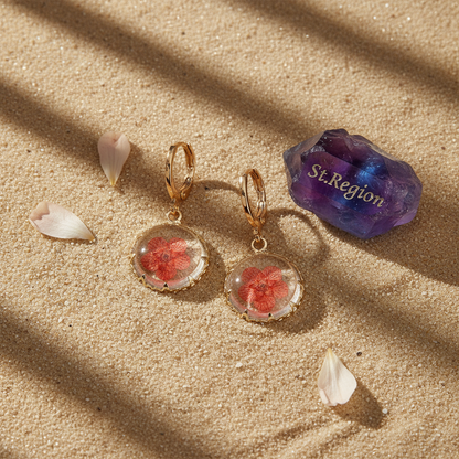 Red Pressed Flower & Goldtone Round Huggie Earrings
